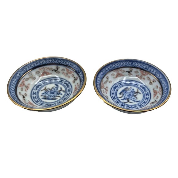 2 Vintage Chinese Eye Rice Grain Dipping Bowls Blue and White Porcelain RARE - Picture 2 of 9